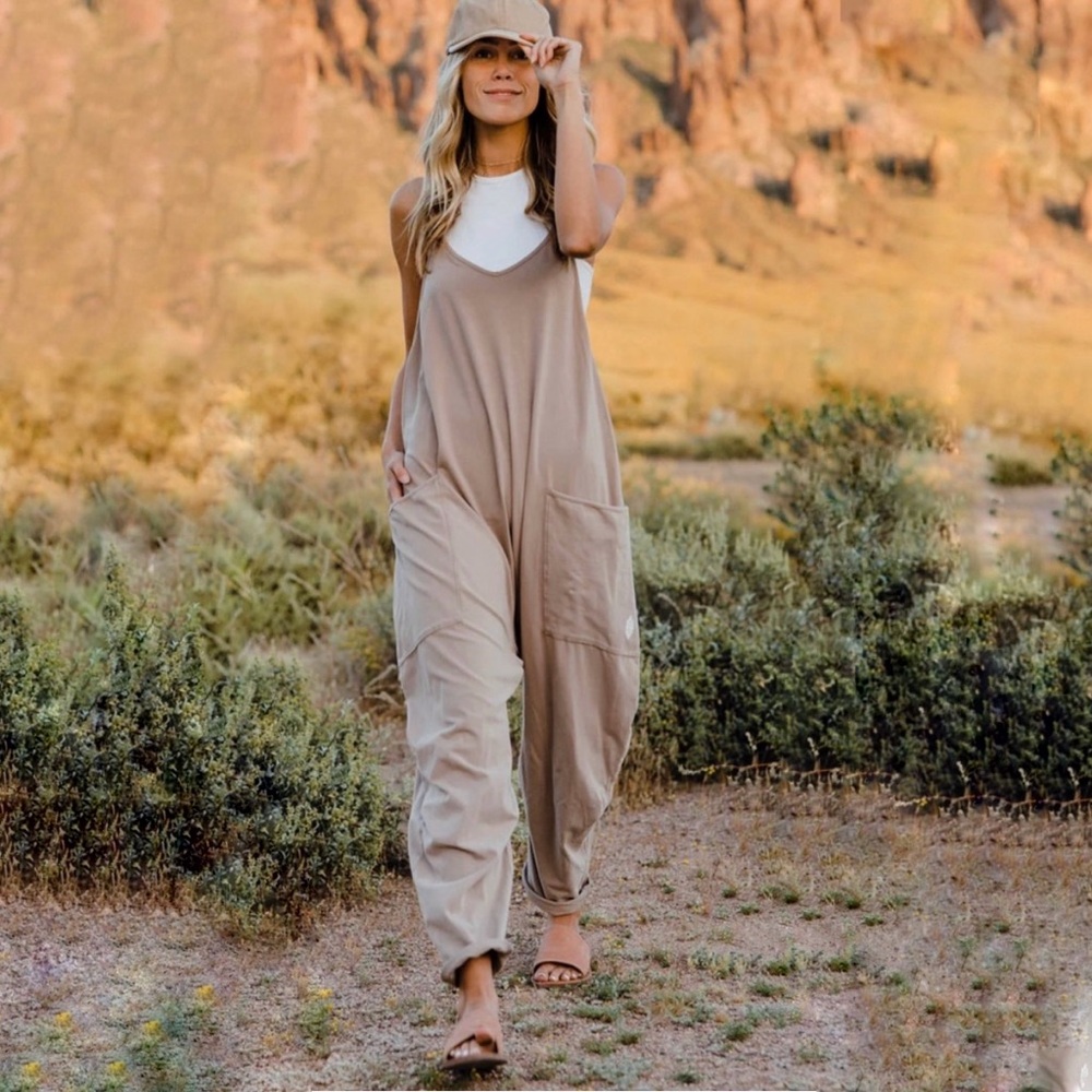 Free People FP Movement Hot Shot Onesie M Jumpsuit Tan Romper Mocha Latte